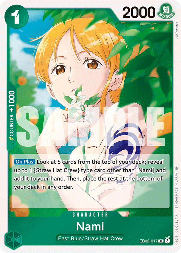Nami, card EB02-017 from the Anime 25th Collection, the one gainer this week whose eBay sold price rose with its market price