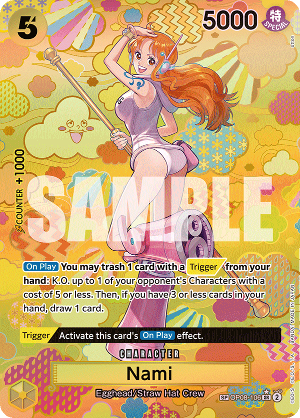 The OP08-106 Nami SP card from OP-09 Emperors in the New World