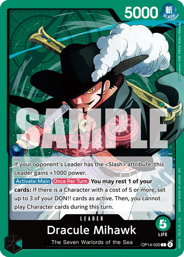 OP14-020 Dracule Mihawk leader card, One Piece Card Game