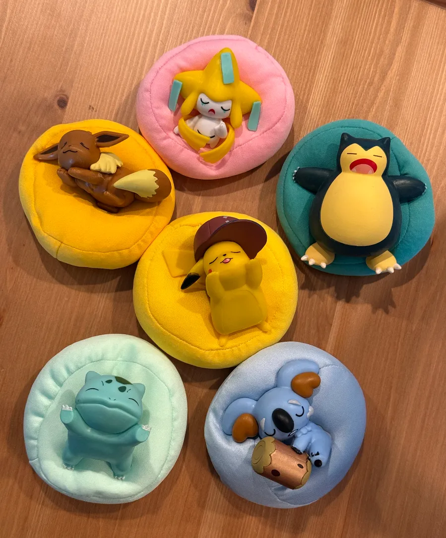 6 Sleep Figurines on Plush Bean Bags - Snorlax, Eevee, Bulbasaur, Jirachi, Cozy Anime Desk Decor, Choose Your Character